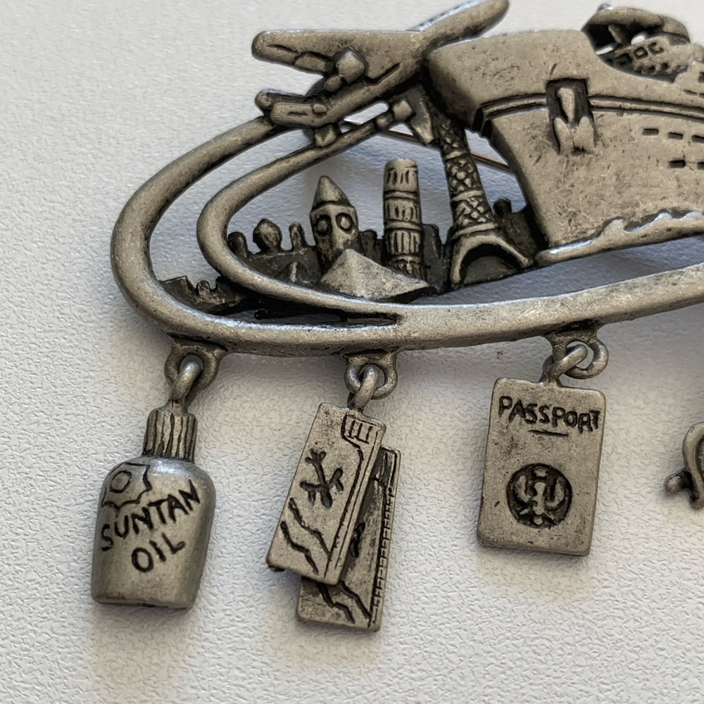 Vintage Danecraft Cruise Ship Travel Passport Dangle Pewter Pin Brooch - Picture 4 of 7